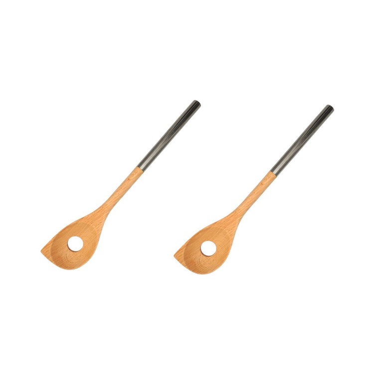 Ensemble de 2 Cuillères en bois biseautée avec un trou manche inox 34 cm Fackelmann Boissellerie