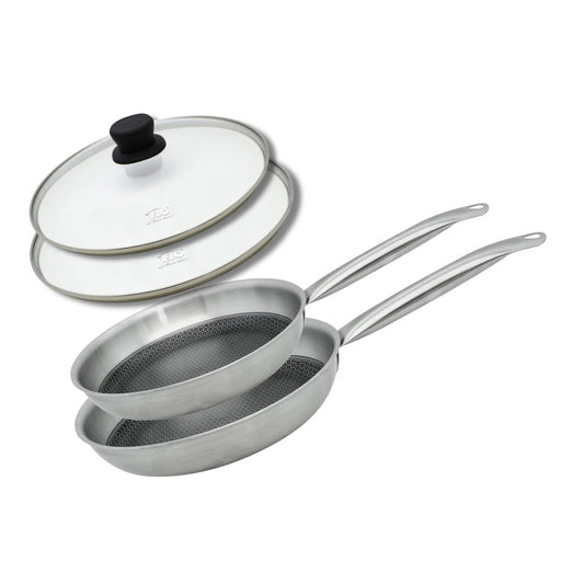 Lot de 2 poêles de cuisson 24/28 cm en acier inoxydable avec 2 couvercles Elo Relief Solution avec couvercles