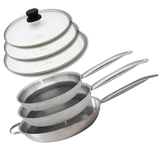 Lot de 3 poêles de cuisson 24/28/32 cm en acier inoxydable avec 4 couvercles Elo Relief Solution avec couvercles