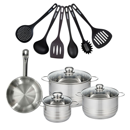 Set 1 poêle 20 cm en inox, 3 faitouts inox 16, 20 et 24 cm et 6 ustensiles RPET Fackelmann Eterna