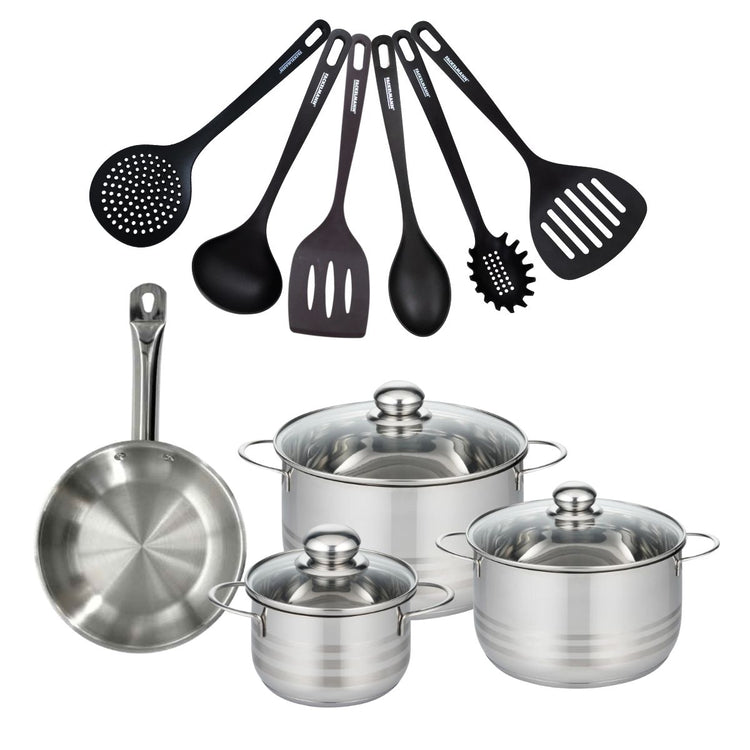 Set 1 poêle 20 cm en inox, 3 faitouts inox 16, 20 et 24 cm et 6 ustensiles RPET Fackelmann Eterna