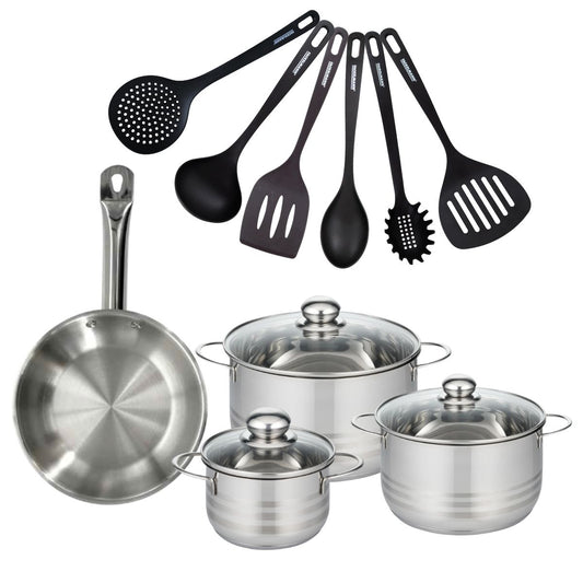 Set 1 poêle 24 cm en inox, 3 faitouts inox 16, 20 et 24 cm et 6 ustensiles RPET Fackelmann Eterna