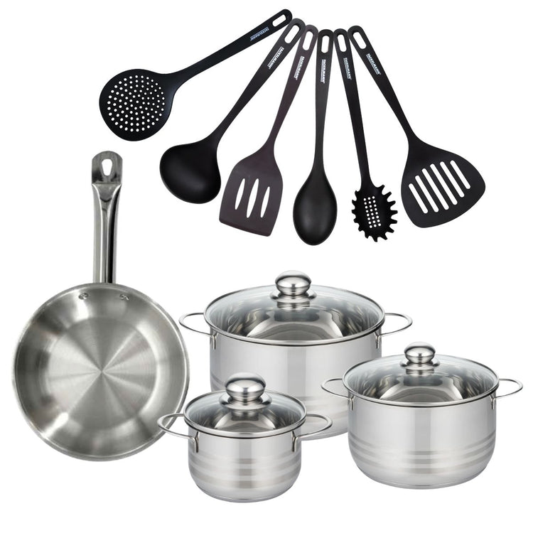Set 1 poêle 24 cm en inox, 3 faitouts inox 16, 20 et 24 cm et 6 ustensiles RPET Fackelmann Eterna