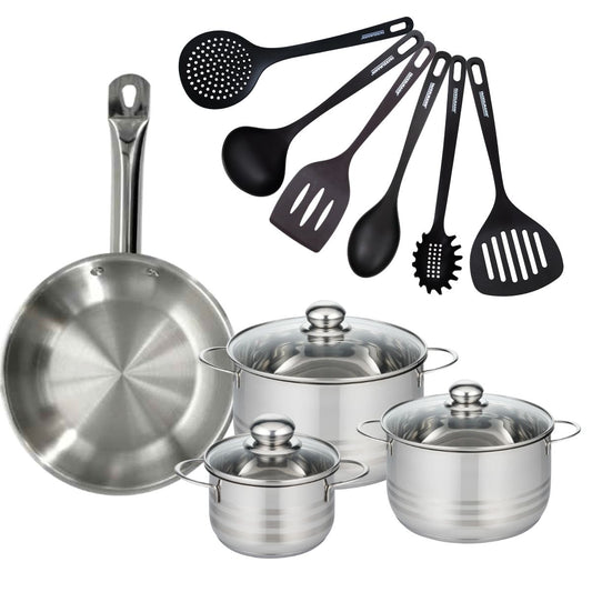 Set 1 poêle 28 cm en inox, 3 faitouts inox 16, 20 et 24 cm et 6 ustensiles RPET Fackelmann Eterna