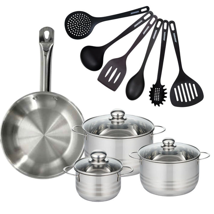 Set 1 poêle 28 cm en inox, 3 faitouts inox 16, 20 et 24 cm et 6 ustensiles RPET Fackelmann Eterna