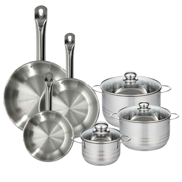Set 3 poêles 20 24 28 cm en inox, 3 faitouts inox 16, 20 et 24 cm Fackelmann Eterna