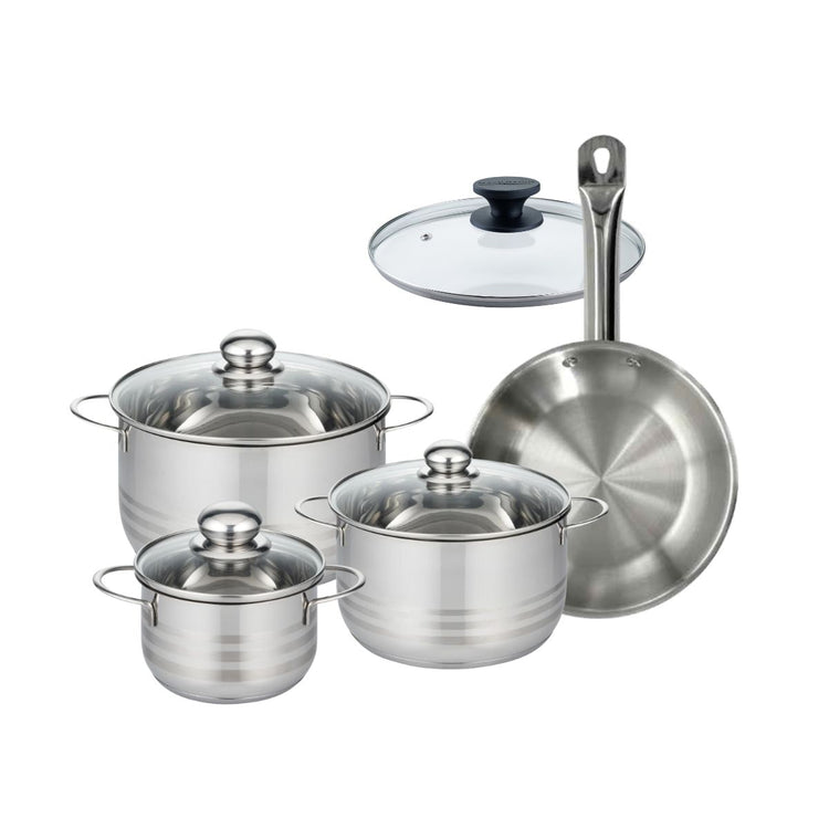 Set 1 poêle 24 cm en inox et 1 couvercle verre, 3 faitouts inox 16, 20 et 24 cm Fackelmann Eterna