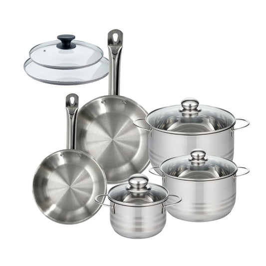 Batterie de cuisine avec 2 poêles 20/24 cm et 3 faitouts 16/20/24 cm sans PFAS Fackelmann Eterna Brillant avec couvercles