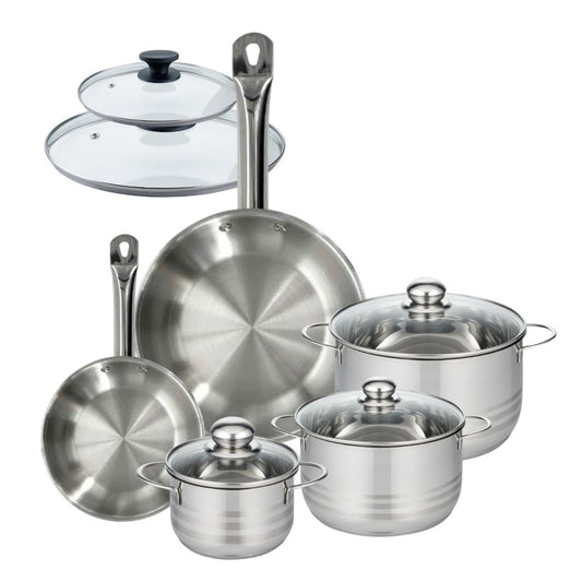 Set 2 poêles 20 28 cm en inox et 2 couvercles verre, 3 faitouts inox 16, 20 et 24 cm Fackelmann Eterna