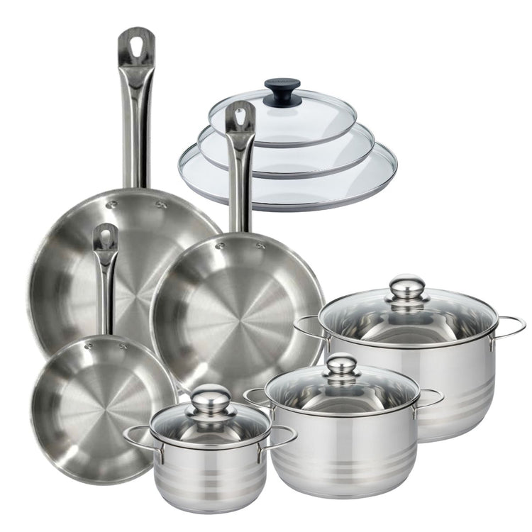 Set 3 poêles 20 24 28 cm en inox et 3 couvercles verre, 3 faitouts inox 16, 20 et 24 cm Fackelmann Eterna