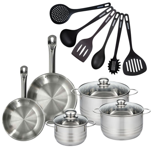 Set 2 poêles 20 24 cm en inox, 3 faitouts inox 16, 20 et 24 cm et 6 ustensiles RPET Fackelmann Eterna