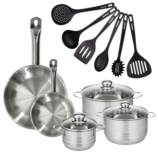 Batterie de cuisine avec 2 poêles 20/28 cm et 3 faitouts 20/24 cm avec 6 ustensiles de cuisine sans PFAS Fackelmann Etherna Brillant Fenix