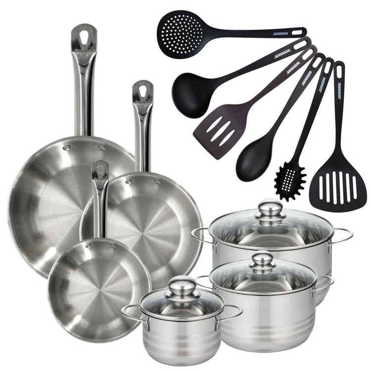 Set 3 poêles 20 24 28 cm en inox, 3 faitouts inox 16, 20 et 24 cm et 6 ustensiles RPET Fackelmann Eterna