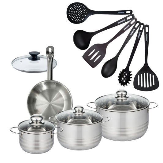 Set 1 poêle 20 cm en inox et 1 couvercle verre, 3 faitouts inox 16, 20 et 24 cm et 6 ustensiles RPET Fackelmann Eterna