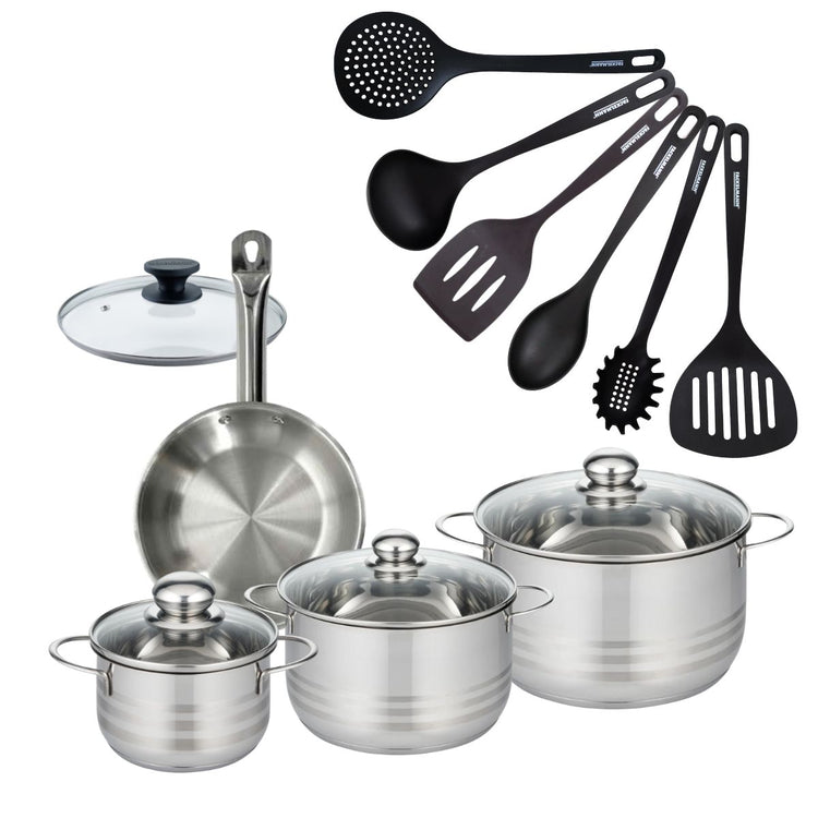 Set 1 poêle 20 cm en inox et 1 couvercle verre, 3 faitouts inox 16, 20 et 24 cm et 6 ustensiles RPET Fackelmann Eterna