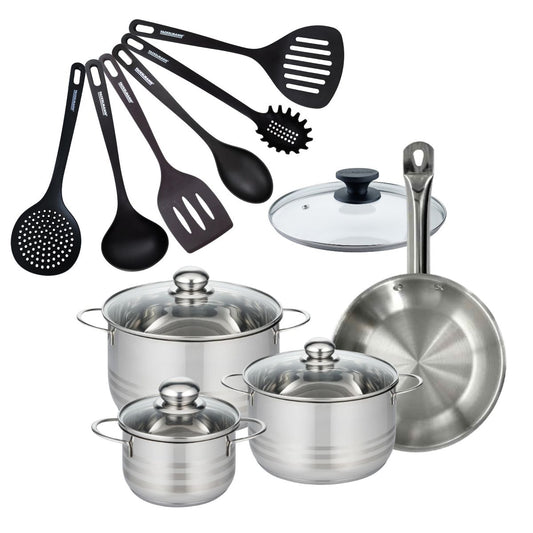 Set 1 poêle 24 cm en inox et 1 couvercle verre, 3 faitouts inox 16, 20 et 24 cm et 6 ustensiles RPET Fackelmann Eterna
