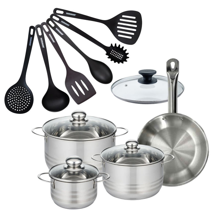 Set 1 poêle 24 cm en inox et 1 couvercle verre, 3 faitouts inox 16, 20 et 24 cm et 6 ustensiles RPET Fackelmann Eterna