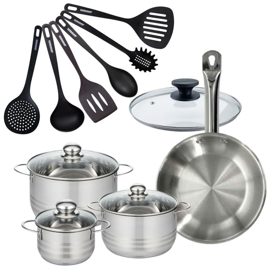 Set 1 poêle 28 cm en inox et 1 couvercle verre, 3 faitouts inox 16, 20 et 24 cm et 6 ustensiles RPET Fackelmann Eterna