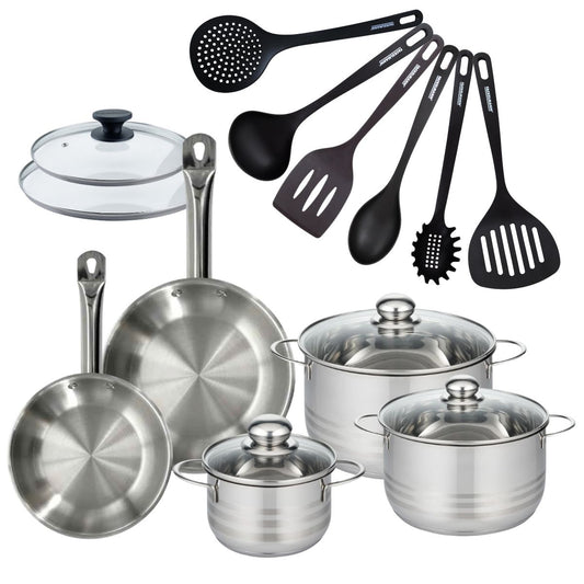Set 2 poêles 20 24 cm en inox, 2 couvercles verre, 3 faitouts inox 16, 20 et 24 cm et 6 ustensiles RPET Fackelmann Eterna