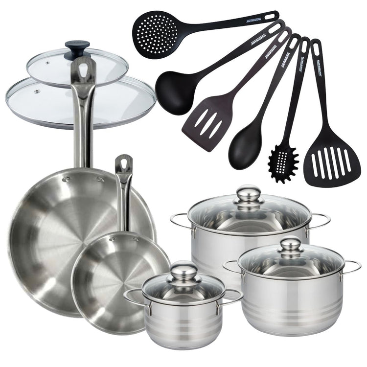 Set 2 poêles 20 28 cm en inox, 2 couvercles verre, 3 faitouts inox 16, 20 et 24 cm et 6 ustensiles RPET Fackelmann Eterna