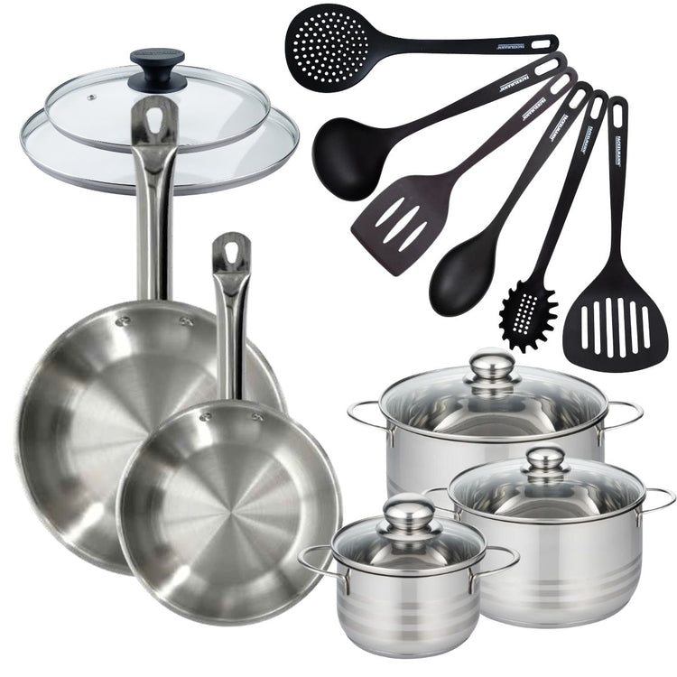 Set 2 poêles 24 28 cm en inox, 2 couvercles verre, 3 faitouts inox 16, 20 et 24 cm et 6 ustensiles RPET Fackelmann Eterna