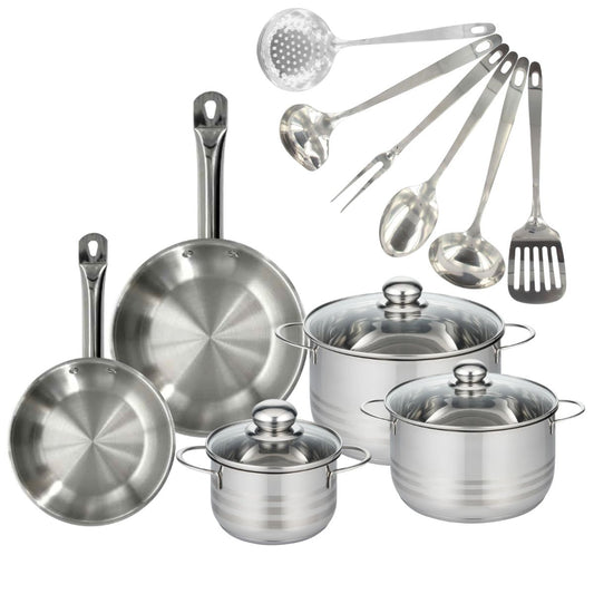 Set 2 poêles 20 et 24 cm en inox, 3 faitouts inox 16, 20 et 24 cm et 6 ustensiles inox Fackelmann Eterna