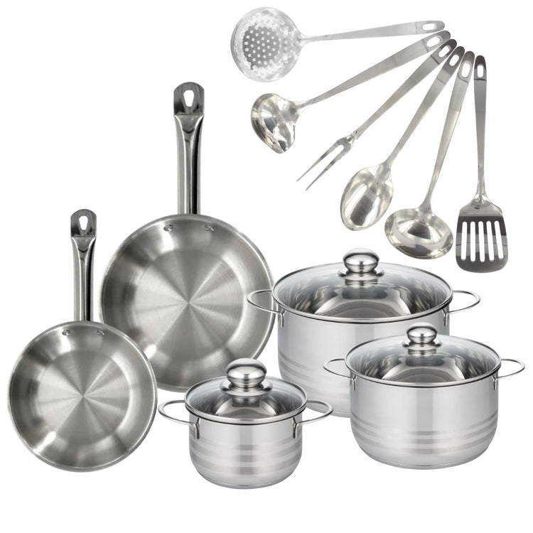 Set 2 poêles 20 et 24 cm en inox, 3 faitouts inox 16, 20 et 24 cm et 6 ustensiles inox Fackelmann Eterna