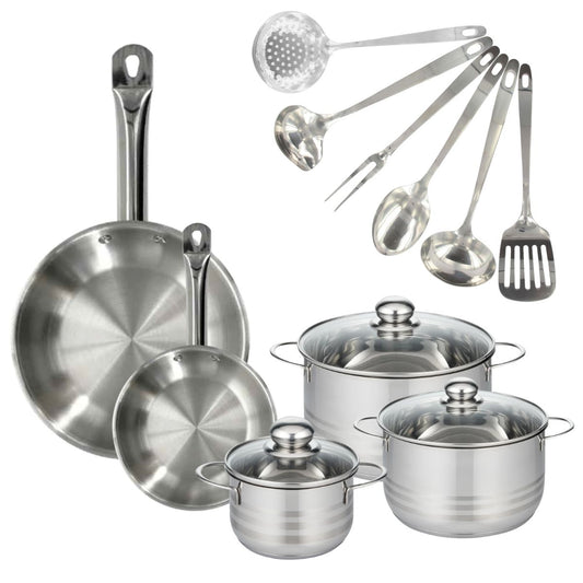 Set 2 poêles 20 et 28 cm en inox, 3 faitouts inox 16, 20 et 24 cm et 6 ustensiles inox Fackelmann Eterna