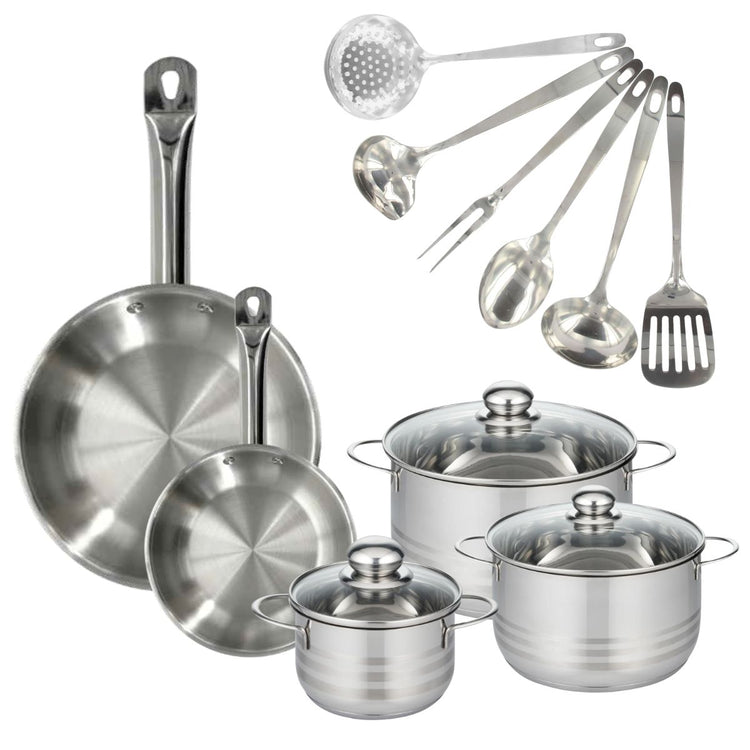 Set 2 poêles 20 et 28 cm en inox, 3 faitouts inox 16, 20 et 24 cm et 6 ustensiles inox Fackelmann Eterna