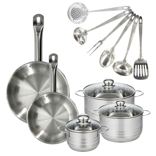 Set 2 poêles 24 et 28 cm en inox, 3 faitouts inox 16, 20 et 24 cm et 6 ustensiles inox Fackelmann Eterna
