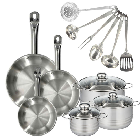 Set 3 poêles 20 24 et 28 cm en inox, 3 faitouts inox 16, 20 et 24 cm et 6 ustensiles inox Fackelmann Eterna