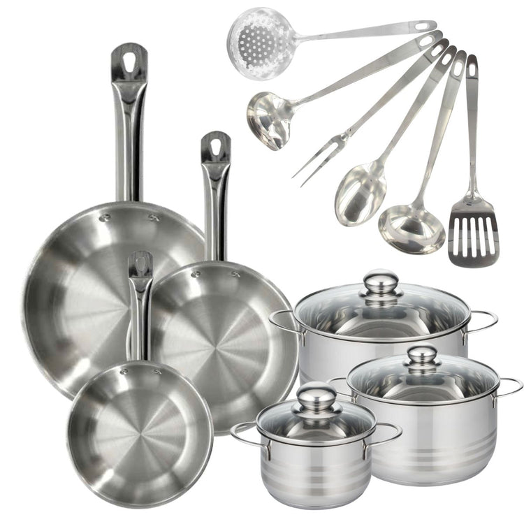 Set 3 poêles 20 24 et 28 cm en inox, 3 faitouts inox 16, 20 et 24 cm et 6 ustensiles inox Fackelmann Eterna