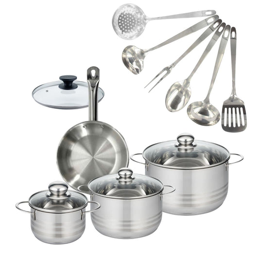Set 1 poêle 20 cm en inox et couvercle, 3 faitouts inox 16, 20 et 24 cm et 6 ustensiles inox Fackelmann Eterna