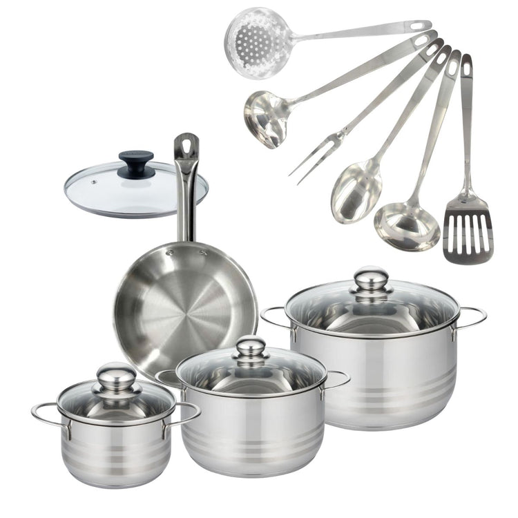 Set 1 poêle 20 cm en inox et couvercle, 3 faitouts inox 16, 20 et 24 cm et 6 ustensiles inox Fackelmann Eterna