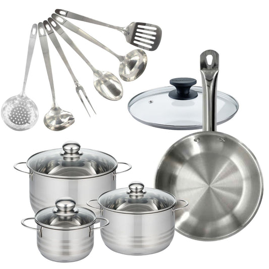 Set 1 poêle 28 cm en inox et couvercle, 3 faitouts inox 16, 20 et 24 cm et 6 ustensiles inox Fackelmann Eterna