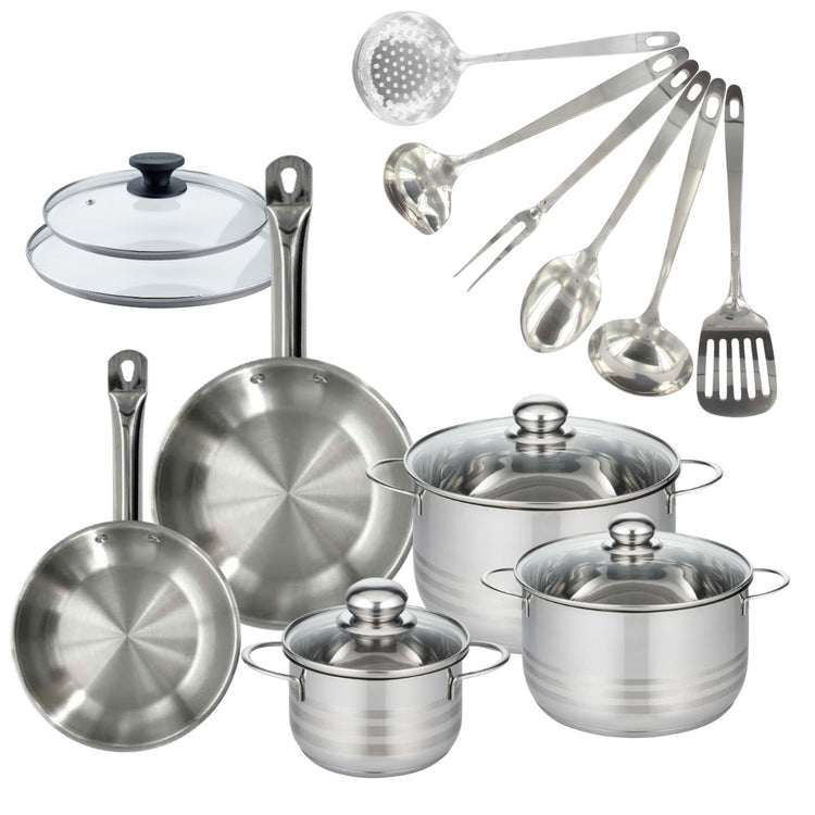 Set 2 poêles 20 et 24 cm en inox et couvercles, 3 faitouts inox 16, 20 et 24 cm et 6 ustensiles inox Fackelmann Eterna