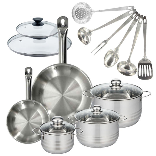 Set 2 poêles 20 et 28 cm en inox et couvercles, 3 faitouts inox 16, 20 et 24 cm et 6 ustensiles inox Fackelmann Eterna