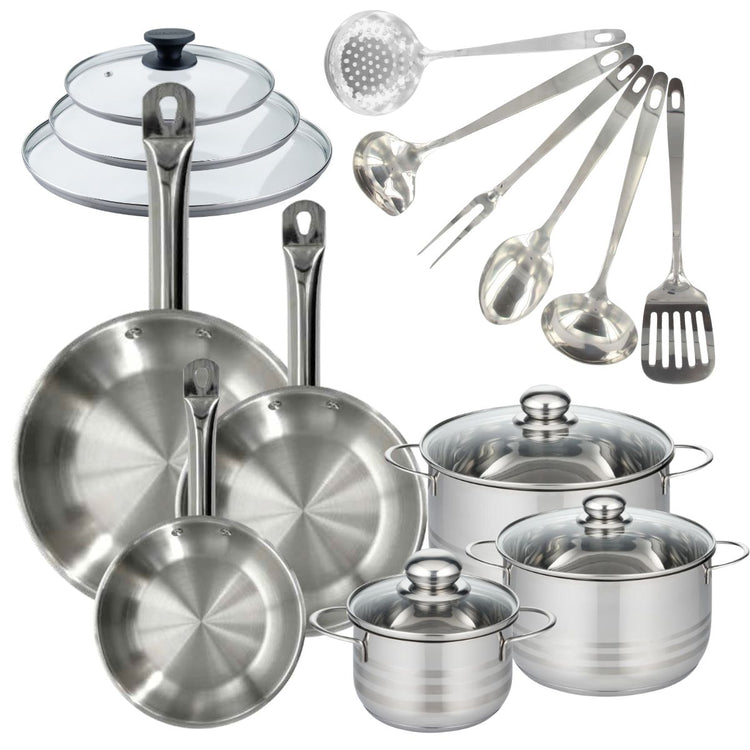 Set 3 poêles 20, 24 et 28 cm en inox et couvercles, 3 faitouts inox 16, 20 et 24 cm et 6 ustensiles inox Fackelmann Eterna
