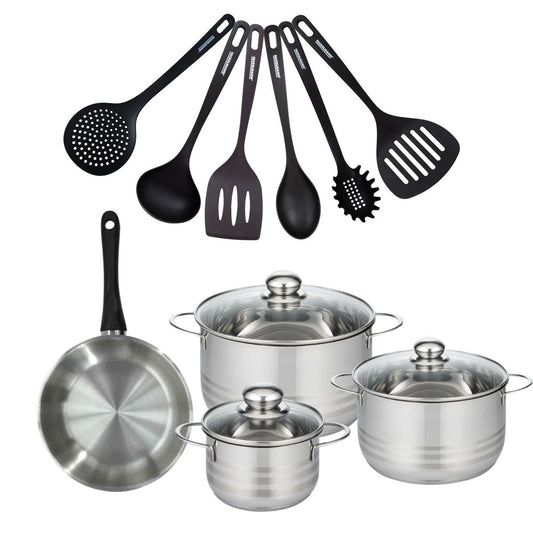 Set de 1 poêle 20 cm en inox, 3 faitouts 16, 20 et 24 cm et 6 ustensiles RPET Fackelmann Geneva