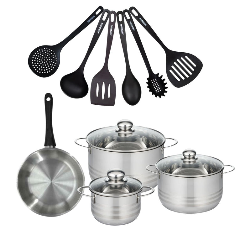 Set de 1 poêle 20 cm en inox, 3 faitouts 16, 20 et 24 cm et 6 ustensiles RPET Fackelmann Geneva