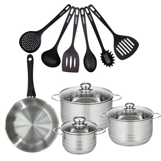 Set de 1 poêle 24 cm en inox, 3 faitouts 16, 20 et 24 cm et 6 ustensiles RPET Fackelmann Geneva