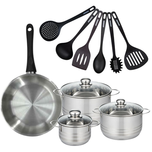 Set de 1 poêle 28 cm en inox, 3 faitouts 16, 20 et 24 cm et 6 ustensiles RPET Fackelmann Geneva