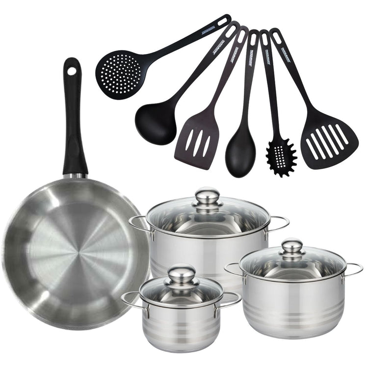 Set de 1 poêle 28 cm en inox, 3 faitouts 16, 20 et 24 cm et 6 ustensiles RPET Fackelmann Geneva