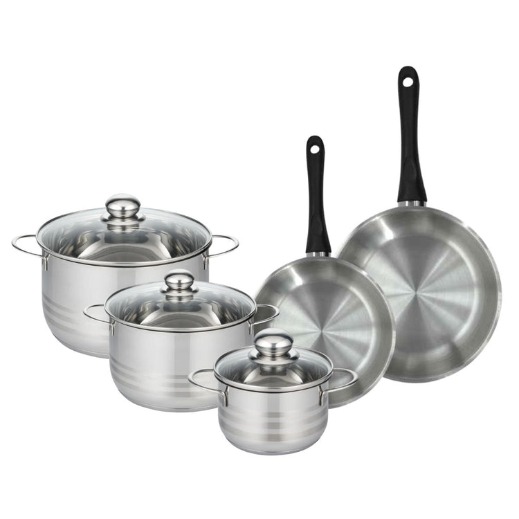 Set de 2 poêles 20 et 24 cm en inox et 3 faitouts inox 16, 20 et 24 cm Fackelmann Geneva