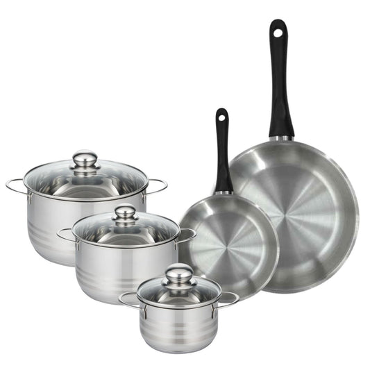 Set de 2 poêles 20 et 28 cm en inox et 3 faitouts inox 16, 20 et 24 cm Fackelmann Geneva