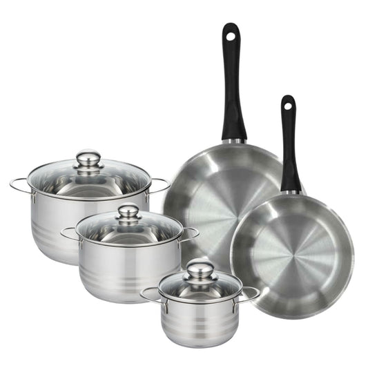 Set de 2 poêles 24 et 28 cm en inox et 3 faitouts inox 16, 20 et 24 cm Fackelmann Geneva