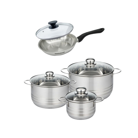 Batterie de cuisine avec 1 poêle 20 cm et 3 faitouts 16/20/24 cm sans PFAS Fackelmann Généva Brillant avec couvercles