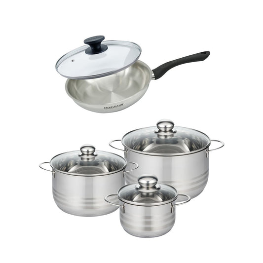 Set de 1 poêle 24 cm en inox et couvercle, 3 faitouts inox 16, 20 et 24 cm Fackelmann Geneva