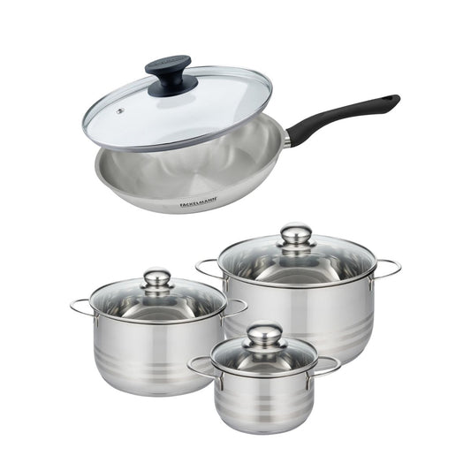 Batterie de cuisine avec 1 poêle 28 cm et 3 faitouts 16/20/24 cm sans PFAS Fackelmann Généva Brillant avec couvercles