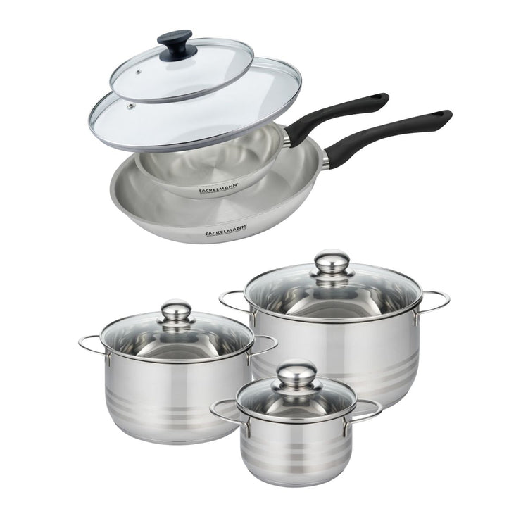 Set de 2 poêles 20 et 28 cm en inox et couvercle, 3 faitouts inox 16, 20 et 24 cm Fackelmann Geneva